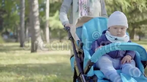 妈妈在婴儿车里卷着蹒跚学步的孩子婴儿挥舞着手臂微笑着玩耍户外活动视频的预览图