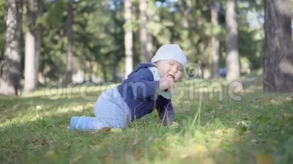 婴儿爬在草地上吃树叶微笑着玩耍视频的预览图