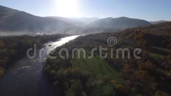 飞越山脉的空中景色乌克兰卡帕蒂飞过天空森林谷早上好雾视频的预览图