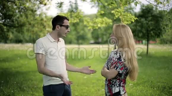 年轻夫妇在夏天公园打架结局是男人离开一个女人慢动作视频的预览图