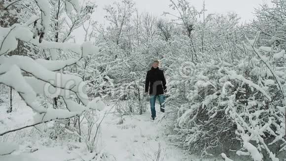 在冬季森林里散步的年轻人视频的预览图