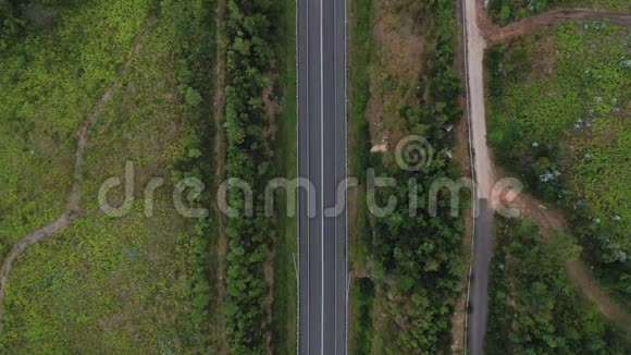 从乡村道路上方的空中俯瞰穿过夏季绿色的夏季森林视频的预览图