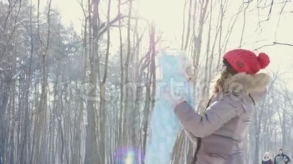 母亲抱着儿子在冬日公园慢行视频的预览图