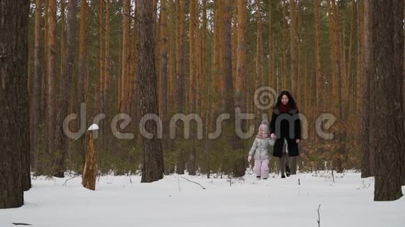 妈妈和可爱的小女儿在冬林散步视频的预览图