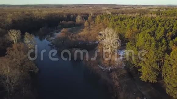黎明时分飞过树木和河流空中录像视频的预览图