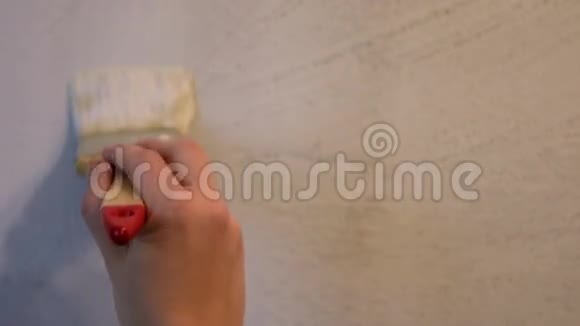 用油漆刷装饰墙壁女性手握毛笔视频的预览图