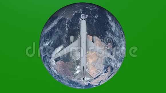 飞机绕地球飞行的旅行概念从空间绿屏看视频的预览图