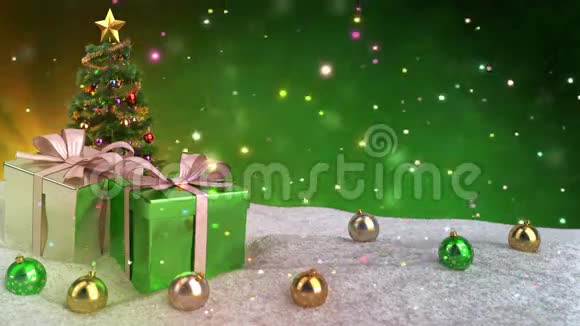 绿色圣诞主题与礼物雪和背景无缝环3D渲染视频的预览图