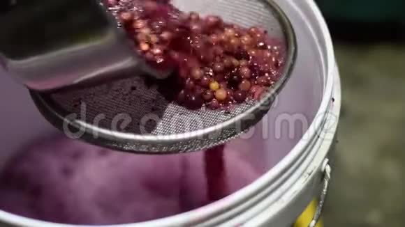 传统的粗制原酒方法用筛分离果汁处理果汁视频的预览图