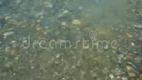海上冲浪在五彩抛光的石头和鹅卵石上沙滩水波特写晴朗的夏日视频的预览图