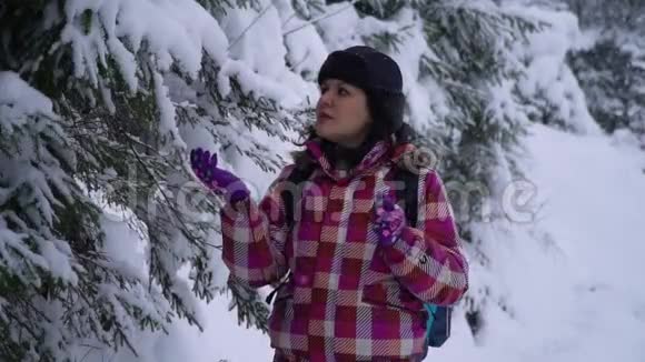 白雪皑皑的树林里的年轻女子年轻漂亮的游客独自站在森林里环顾四周她看着雪和视频的预览图