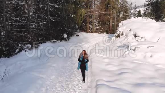 年轻漂亮的女孩走在白雪皑皑的冬林里她快乐而平静女孩看着两边太阳是视频的预览图