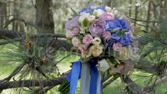 松树背景上美丽的新娘花束视频的预览图