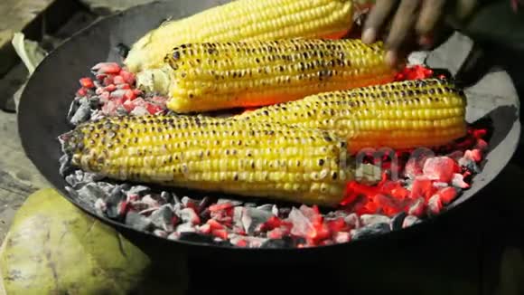 在黑暗中用煤烤玉米视频的预览图