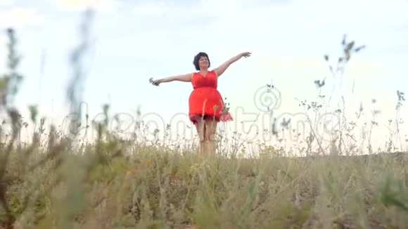 加上尺寸时尚模特在慢动作视频上行走的草地大自然中的肥婆草花视频的预览图