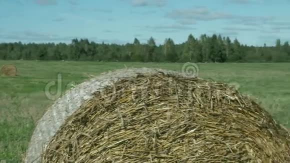 干草在草地上夏天的农村地区有一捆干草平底锅视频的预览图