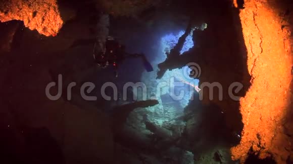 摄影师潜水员在红海水下沉船中游泳视频的预览图