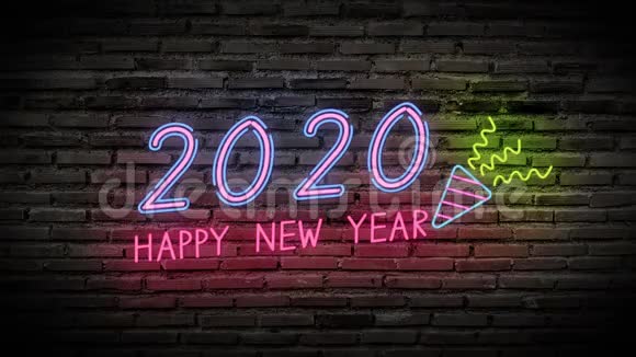 4K新年快乐闪亮的霓虹灯在黑色砖墙上闪闪发光彩色标牌彩色标牌新年快乐视频的预览图