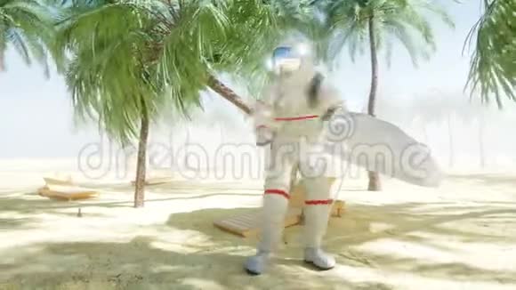 有趣的宇航员在阳光明媚的海边跳舞旅游和休息理念逼真的4K动画视频的预览图