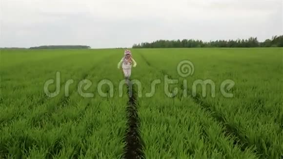 慢动作美丽的小女孩在绿色的田野上奔跑视频的预览图