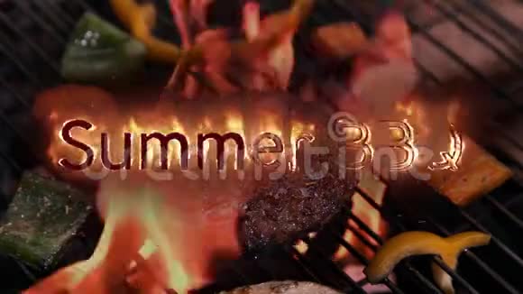 夏日烧烤在火焰中食物被烤在背景中视频的预览图