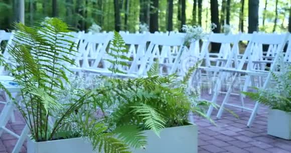 带花的白色结婚椅户外婚礼花园里的婚礼视频的预览图