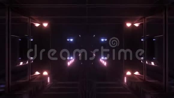 黑暗的大气科幻隧道走廊有发光的灯光和反光玻璃窗三维插图运动视频的预览图