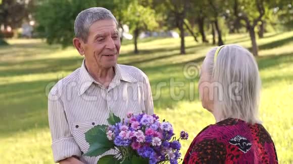 快乐的祖父母在公园散步视频的预览图
