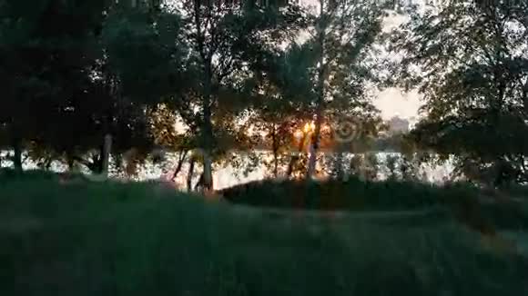 在黎明时分飞过城市的树木和湖泊空中录像视频的预览图