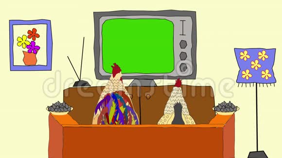 一只公鸡和一只鸡看电视翻动种子视频的预览图