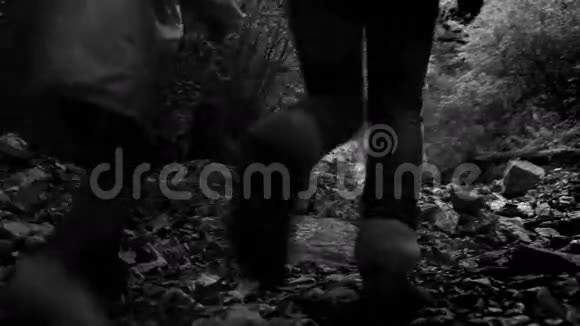 黑白镜头母亲和儿子在暮色中爬上瀑布视频的预览图