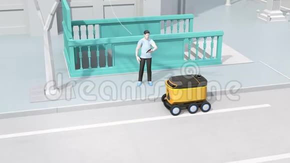 低多边形风格的人使用智能手机解锁自动驾驶送货机器人的门视频的预览图
