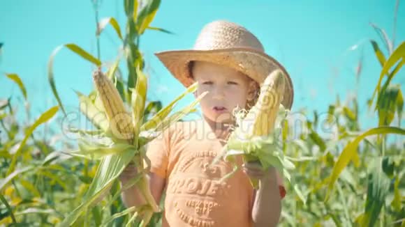 一个戴草帽的男孩正在玉米地里玩耍孩子拿着玉米芯表现得像个牛仔视频的预览图