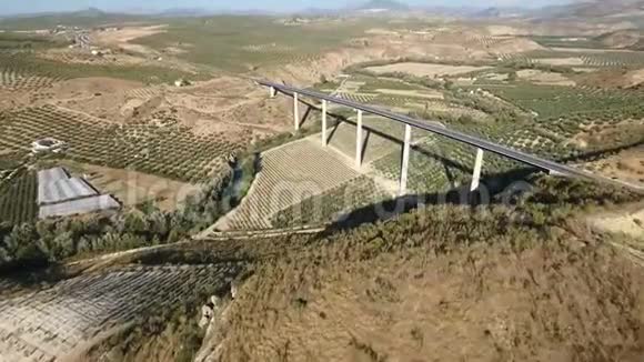 1080p飞机飞越公路桥和下游村庄和橄榄园安达西班牙一排排橄榄树视频的预览图