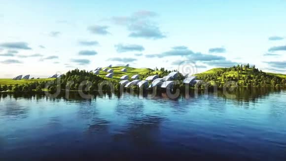 太阳能电池板鸟瞰图奇妙的自然未来逼真的4k动画视频的预览图