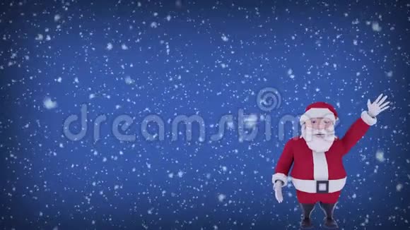 圣诞数字贺卡圣诞老人挥手微笑着雪花飘落的蓝色背景动画视频的预览图