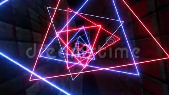 未来派霓虹灯红蓝三角隧道发光的发光和移动视频的预览图