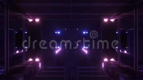 黑暗的大气科幻隧道走廊有发光的灯光和反光玻璃窗三维插图运动视频的预览图