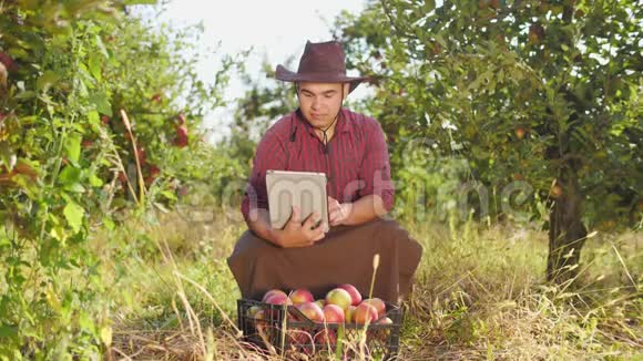 农民使用数字平板电脑在苹果花园视频的预览图