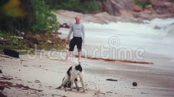 快乐的年轻人玩狗粘在热带海滩上1920x1080视频的预览图