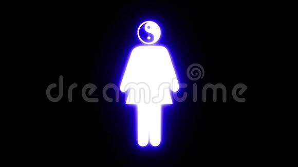 一个女人的白色图标阴阳符号头在黑色背景与脉冲蓝色辉光在无缝环视频的预览图