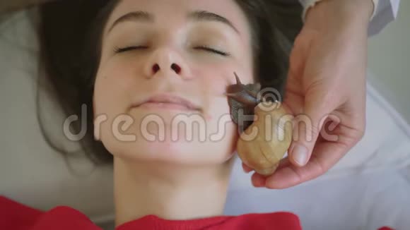 在水疗中心的年轻女子接受了一个与蜗牛Achatina的面部按摩蜗牛吃的是从生产出来的死皮在视频的预览图
