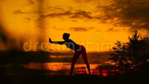 在令人惊叹的日落中女人站在瑜伽姿势的剪影视频的预览图