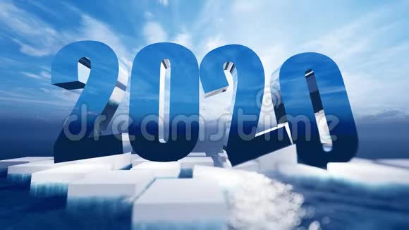2020年新年快乐在蓝色的海洋上漂浮着明亮的光视频的预览图
