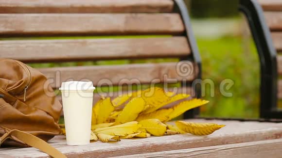一杯热咖啡和黄色的秋假酒在公园的长凳上视频的预览图