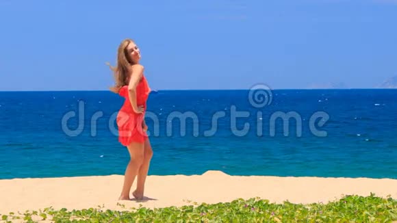 金发女郎赤着脚在沙滩上跳舞手挽手视频的预览图