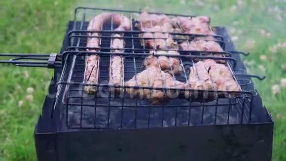 美味的烧烤烤肉串烧烤架户外厨房美味的食物烤串食物场夏季野餐视频的预览图