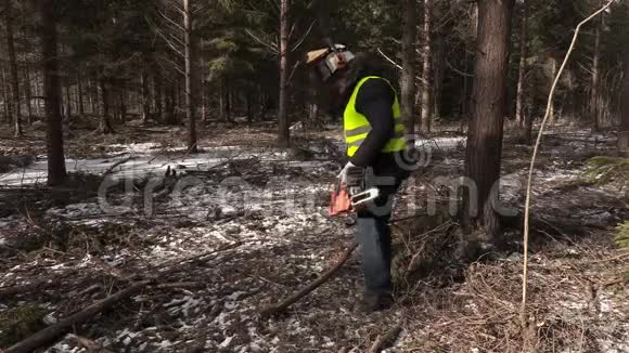 带电锯的伐木工人完成工作后走开了视频的预览图