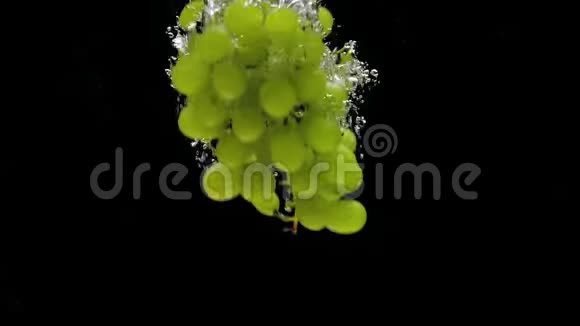 绿色葡萄枝在黑色背景上落入透明水视频的预览图