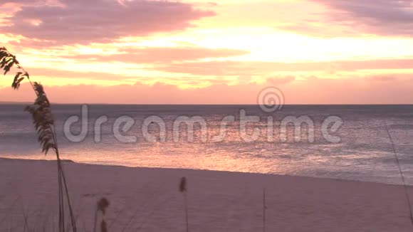 在波光粼粼的海滩上黄红的夕阳视频的预览图